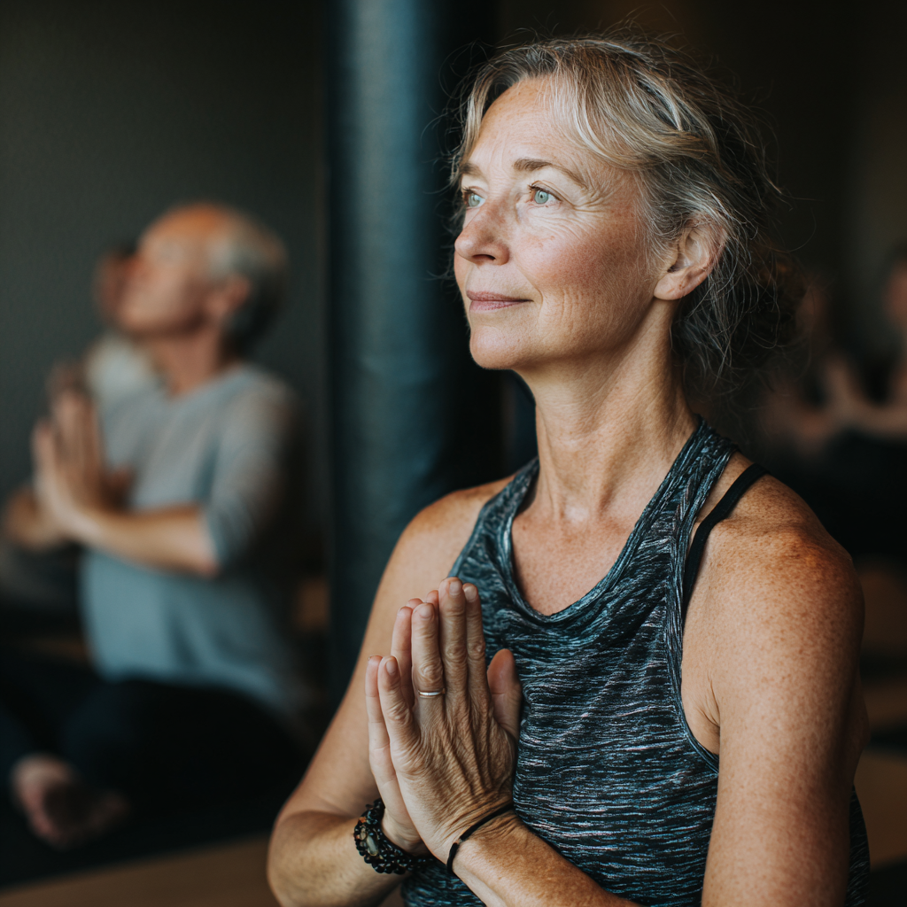 Experienced yoga instructor in her fifties guiding mature adults through mindful movement practice