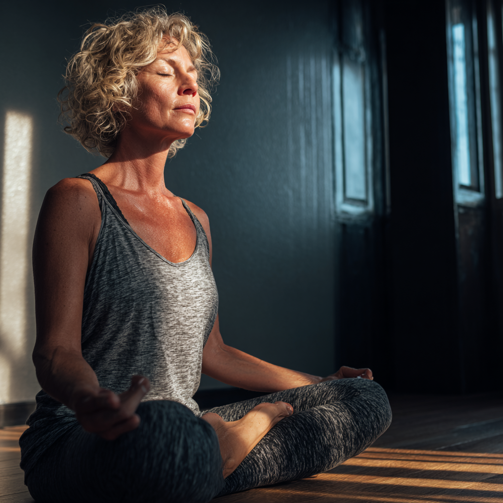 Peaceful yoga studio with middle-aged woman in meditation pose, natural lighting creating serene atmosphere
